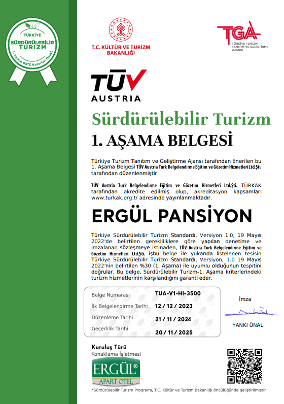 Ergül Pansiyon - Sürdürülebilir Turizm 1. Aşama Sertifikası